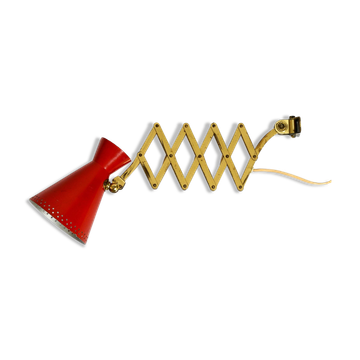 1950s brass extendable scissor wall lamp with aluminum diabolo shade in red