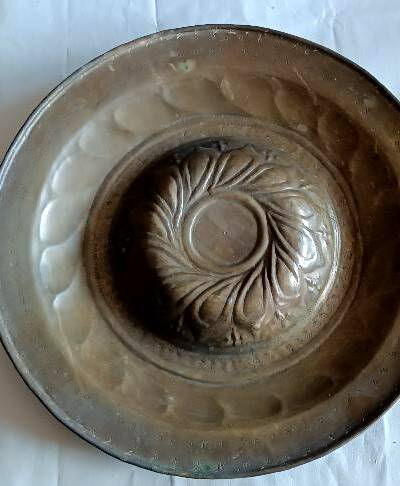 Antique brass alms dish, 17th century
