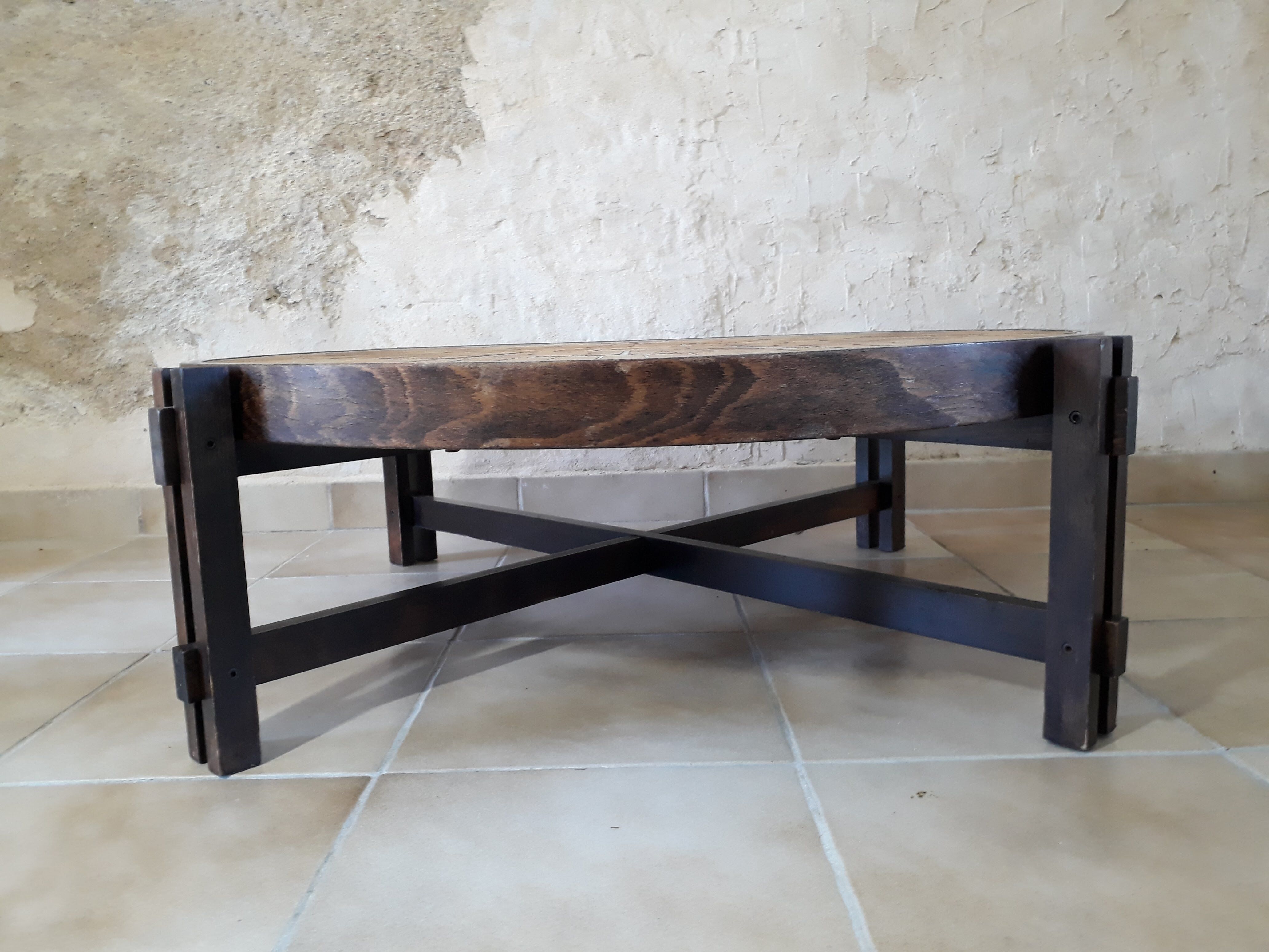 Table palissandre et céramique dite Hérbier par Roger Capron 1960 70