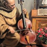 Painting signed “Monk playing the cello”.
