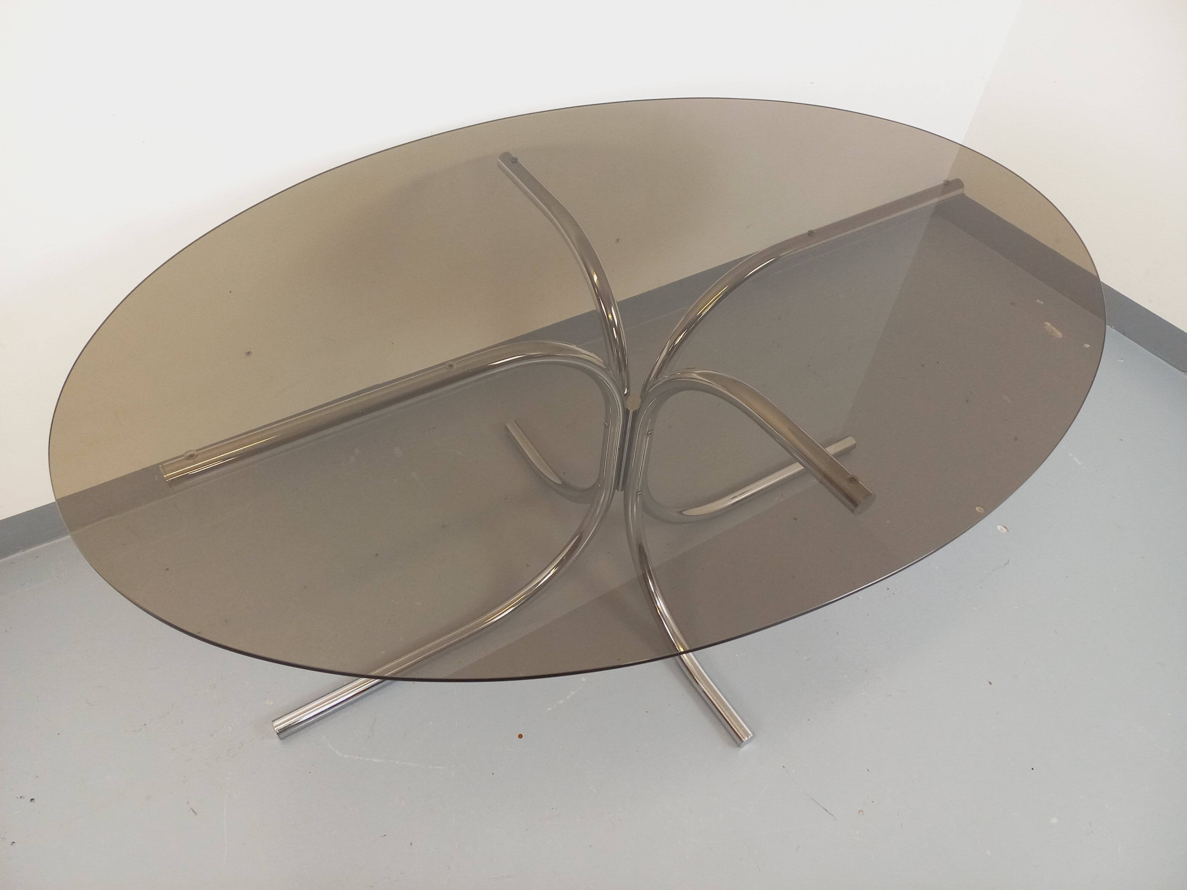 Vintage oval dining table in smoked glass and chrome metal