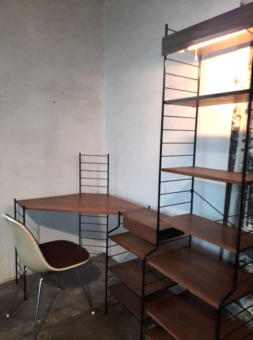 Modular vintage string wall shelf system with 1960-1980's desk