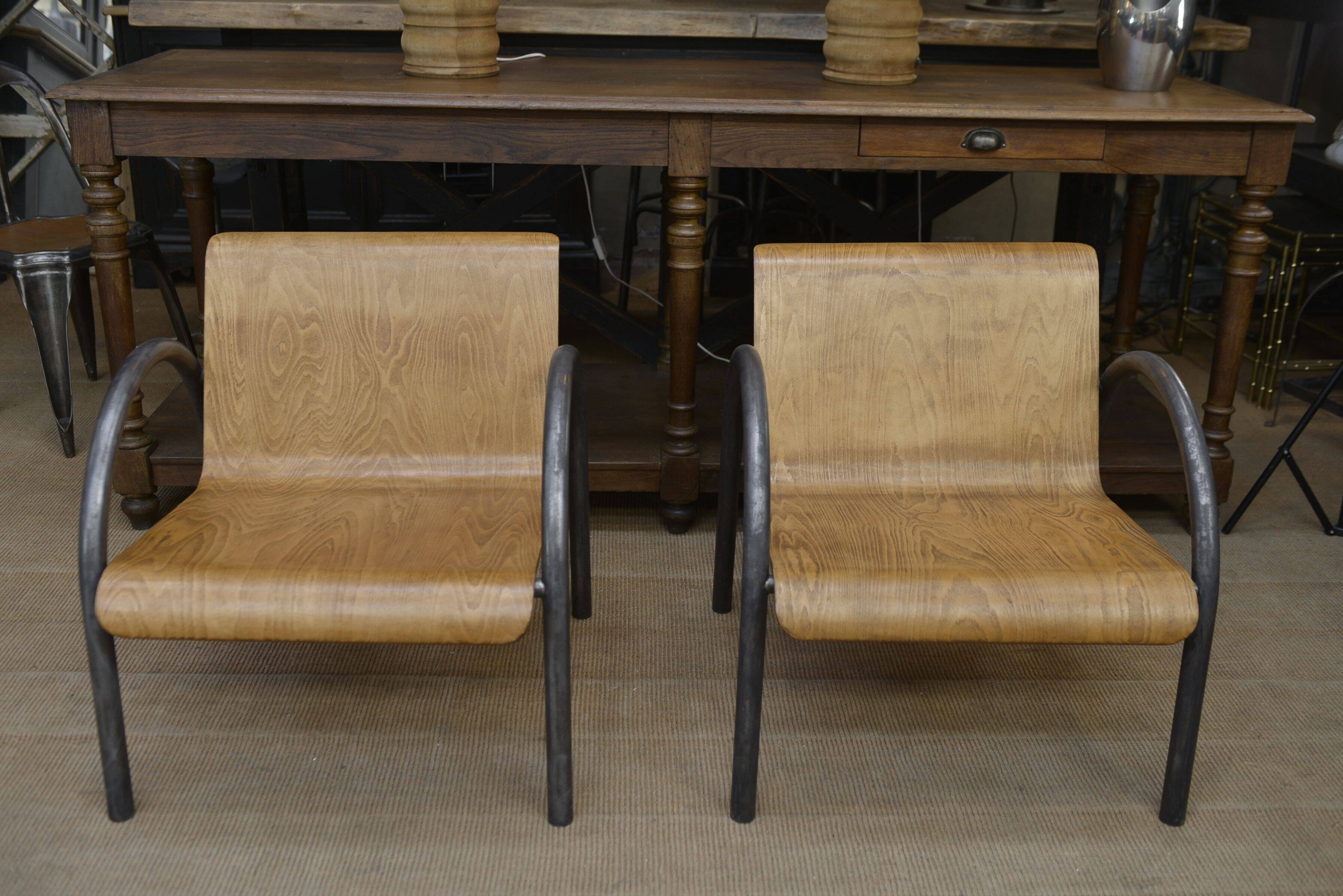 Pair of Vintage Design Armchairs in Metal and Wood, 1950s