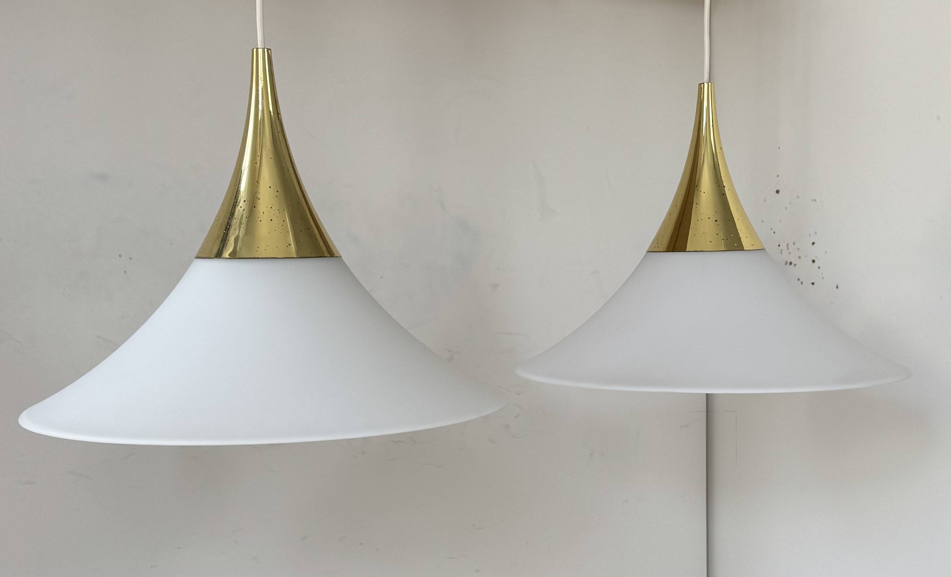 XL Pair of vintage pendants by Limburg, brass and opaline, Germany 1