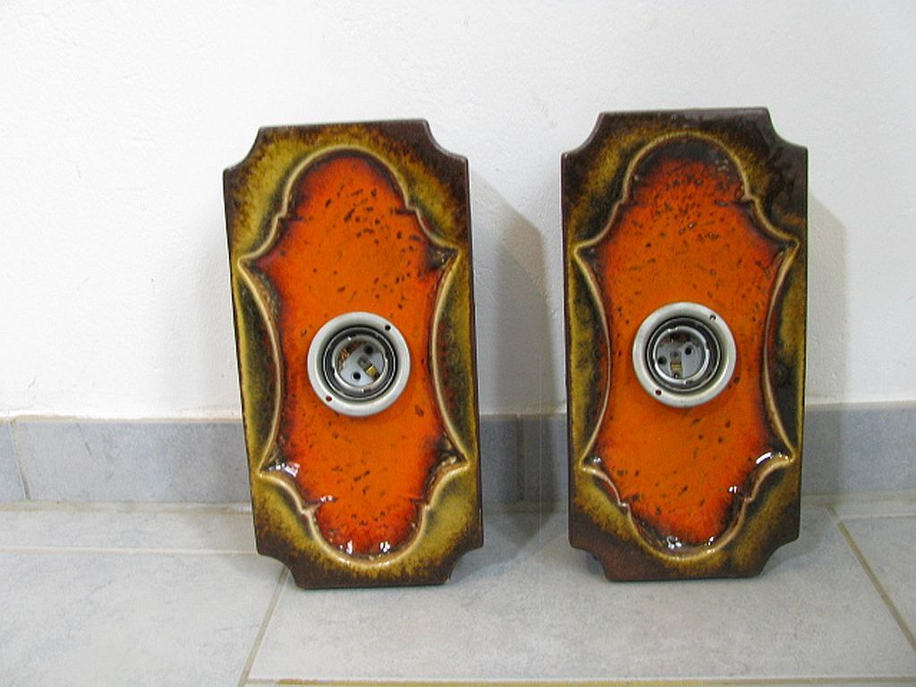 Set of 2 German Orange Lava Ceramic Wall Lamps from the 1960s / 70s Pan Keramik