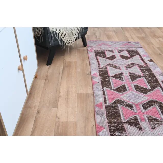 Vintage Turkish Oushak pink handmade wool runner rug 82x311