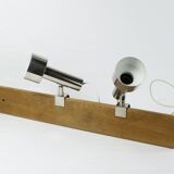 Nickel-plated chrome clip-on spot lamps for string shelf, headboard.