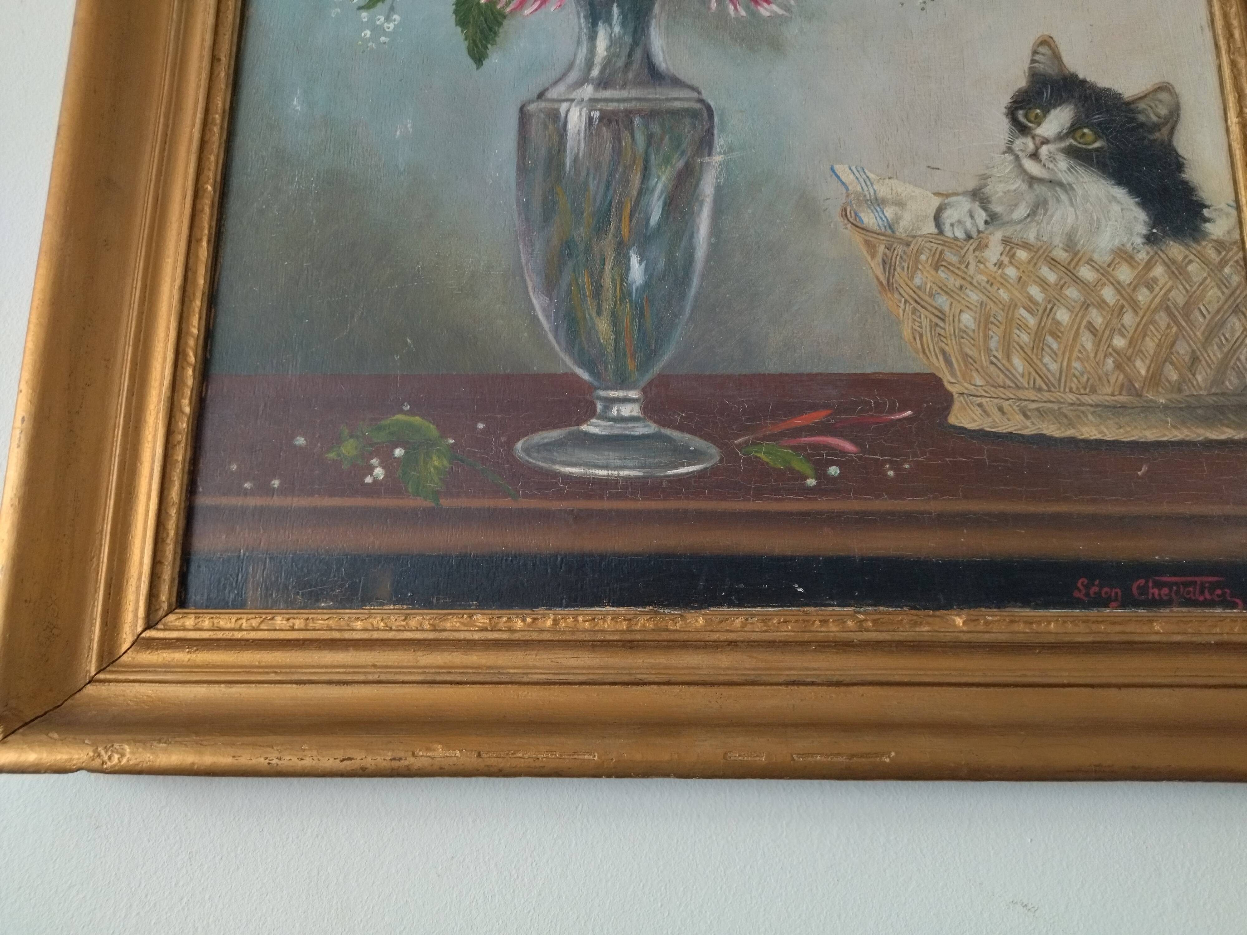 Old panel painting - Kitten and Flowers - Signed Léon Chevalier