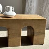 Solid monoxyl wood bench with carved 3-arch base - Natural wood color