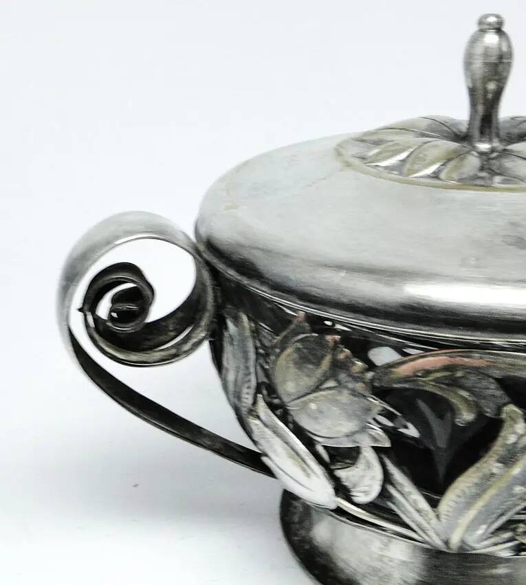 Sugar bowl, postmodernism, silver-plated brass, HEFRA, Poland, 1970s