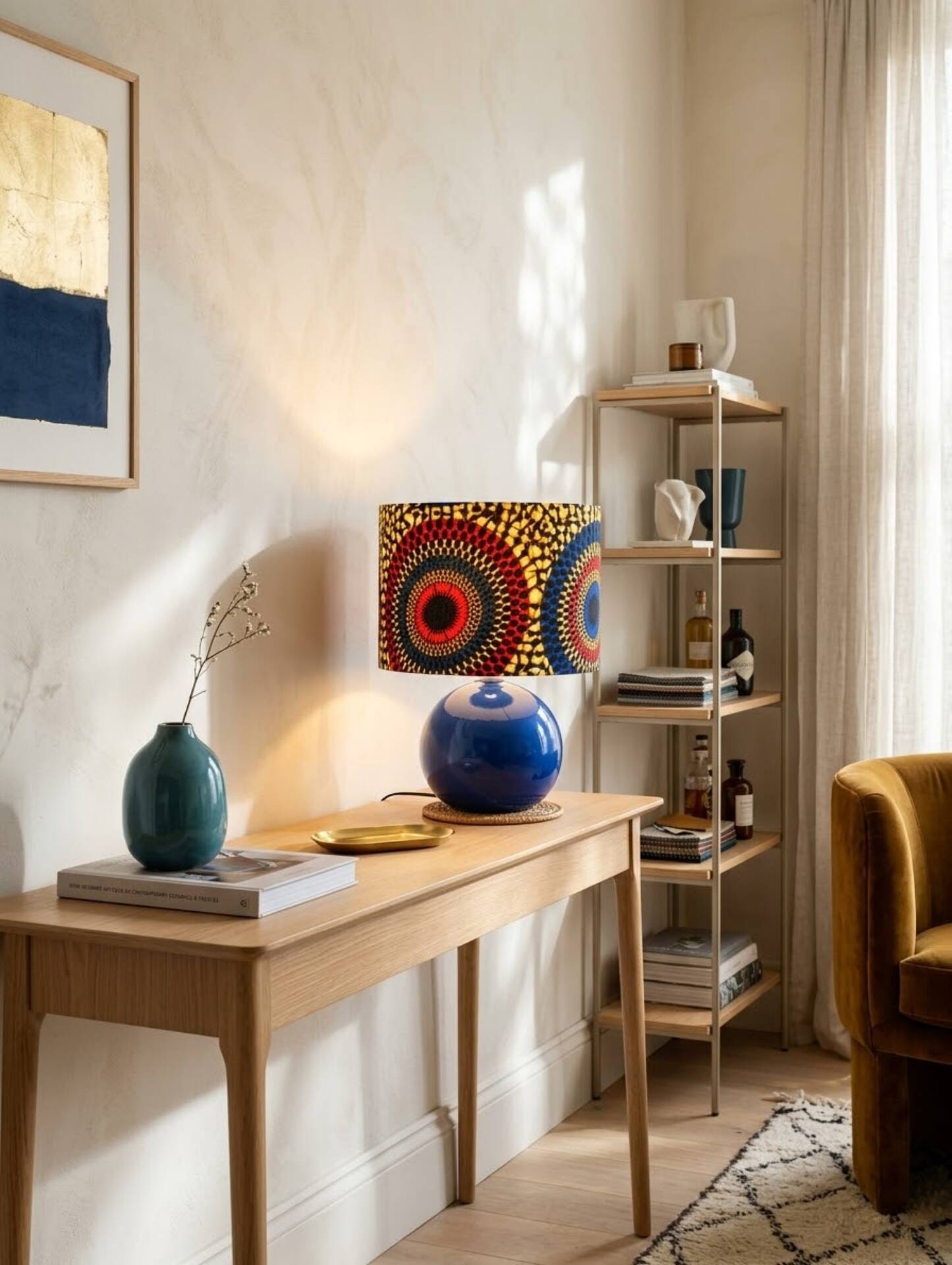 blue ceramic lamp | ethnic printed wax lampshade