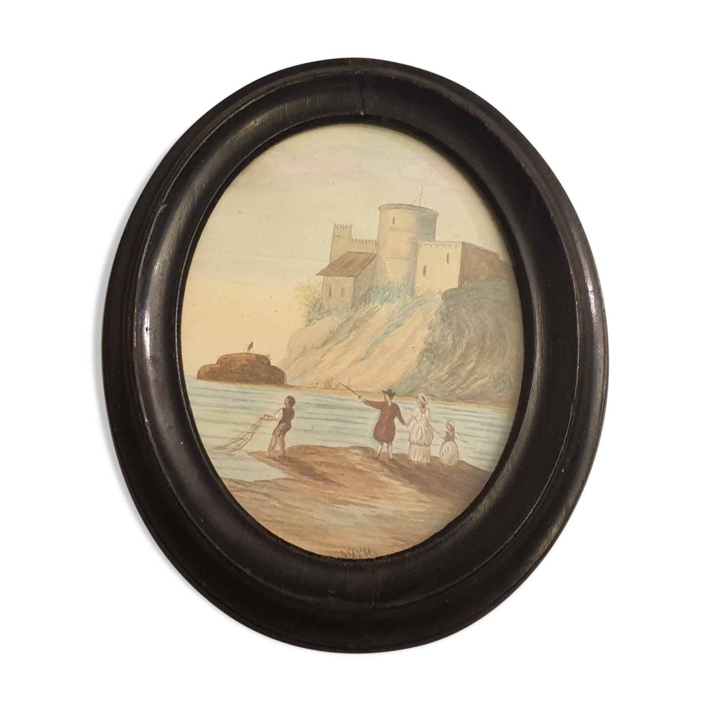 ancient painting: ancient romantic watercolor of Napoleon III era depicting a seaside