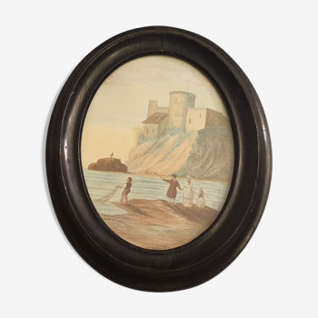 ancient painting: ancient romantic watercolor of Napoleon III era depicting a seaside