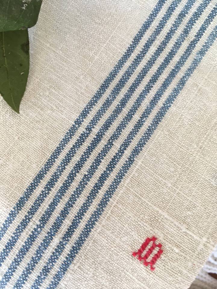 Pair of old dishcloths at marked blue stripes m.