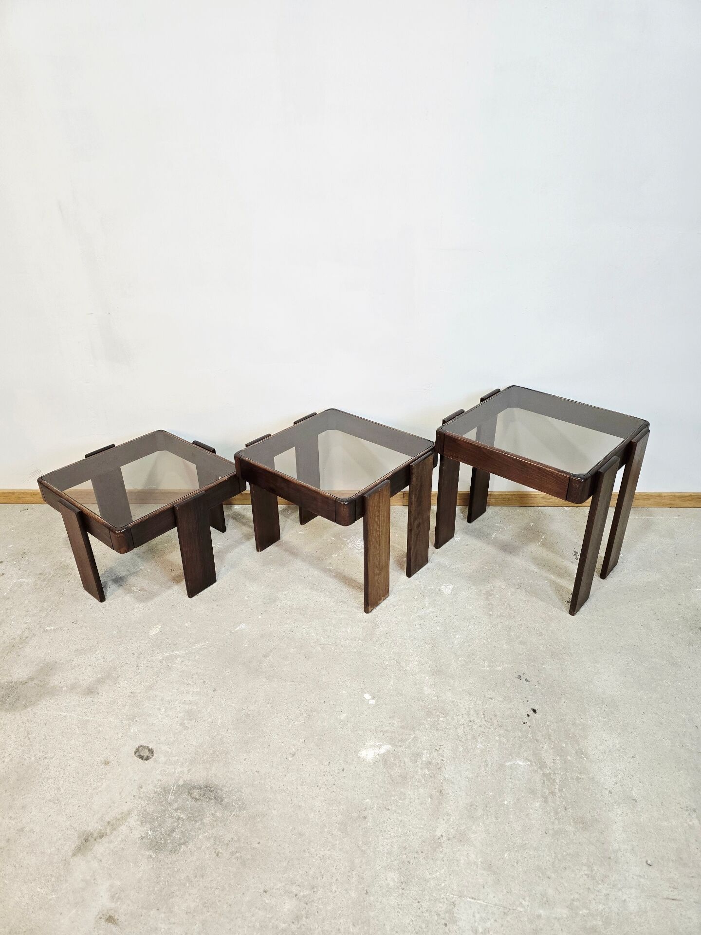 1970s Meblo Frattini Nesting Tables with Smoked Glass