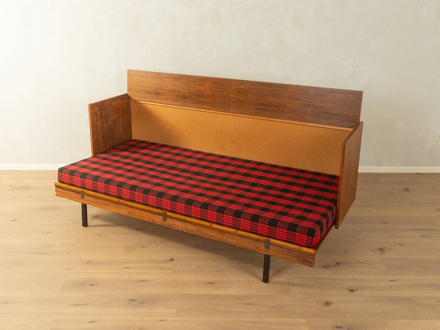 Unique folding bed from the 1960s, walnut veneer, black steel legs