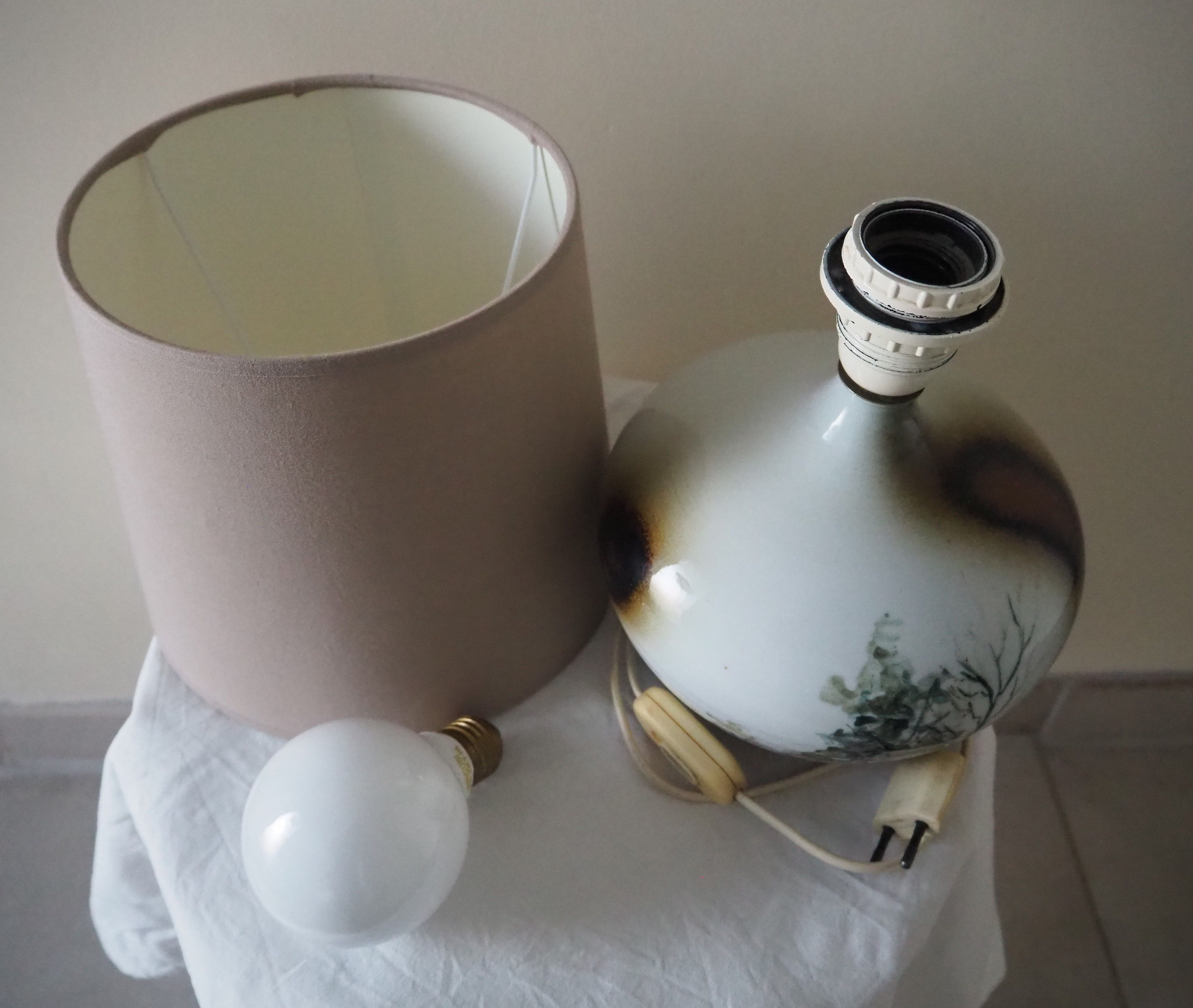 Enamelled ceramic ball lamp signed bossis and fabric lampshade