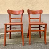Pair of wooden bistro chairs with orange patina, 1950s