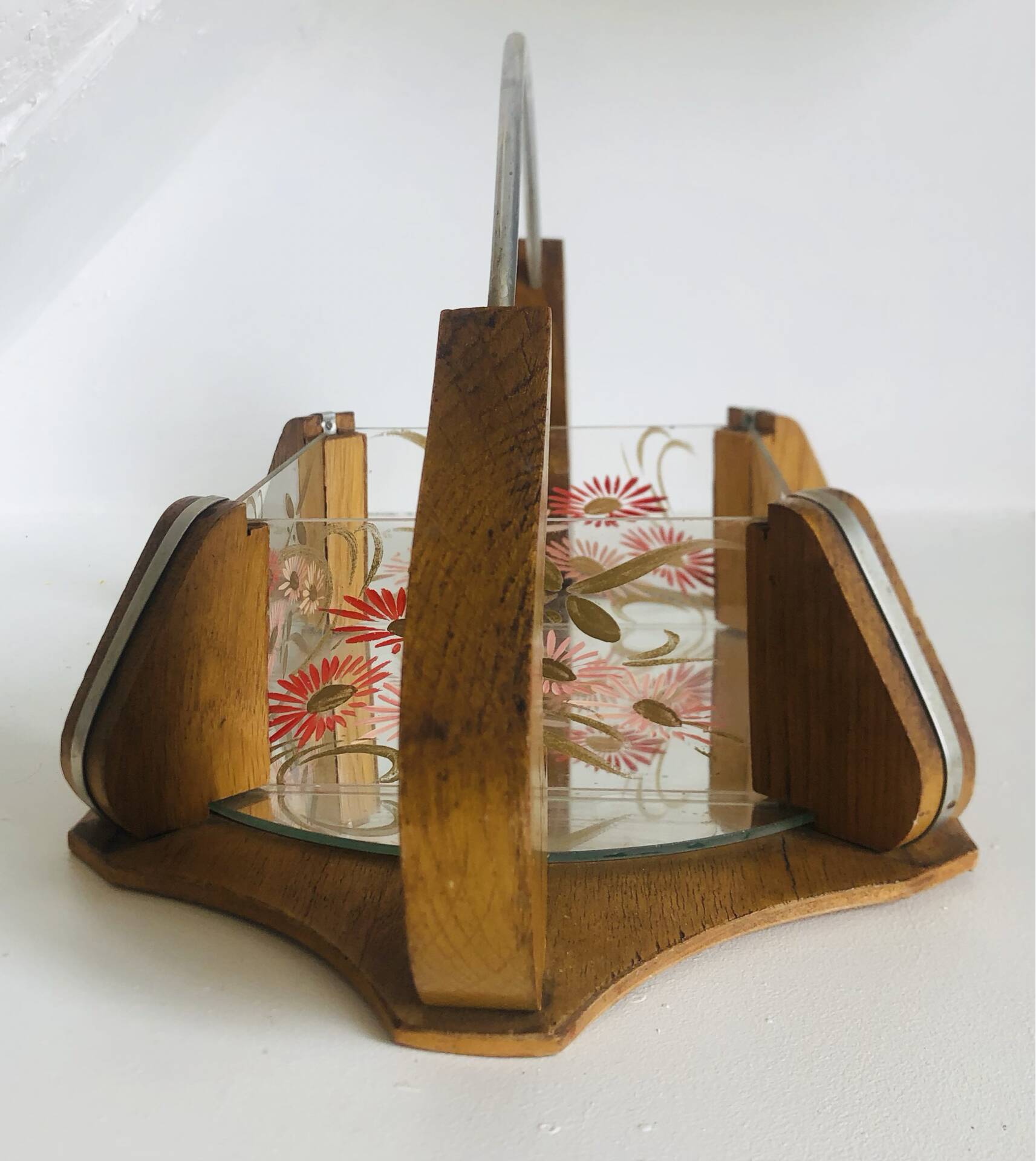 Vintage painted glass tray, wood and mirror