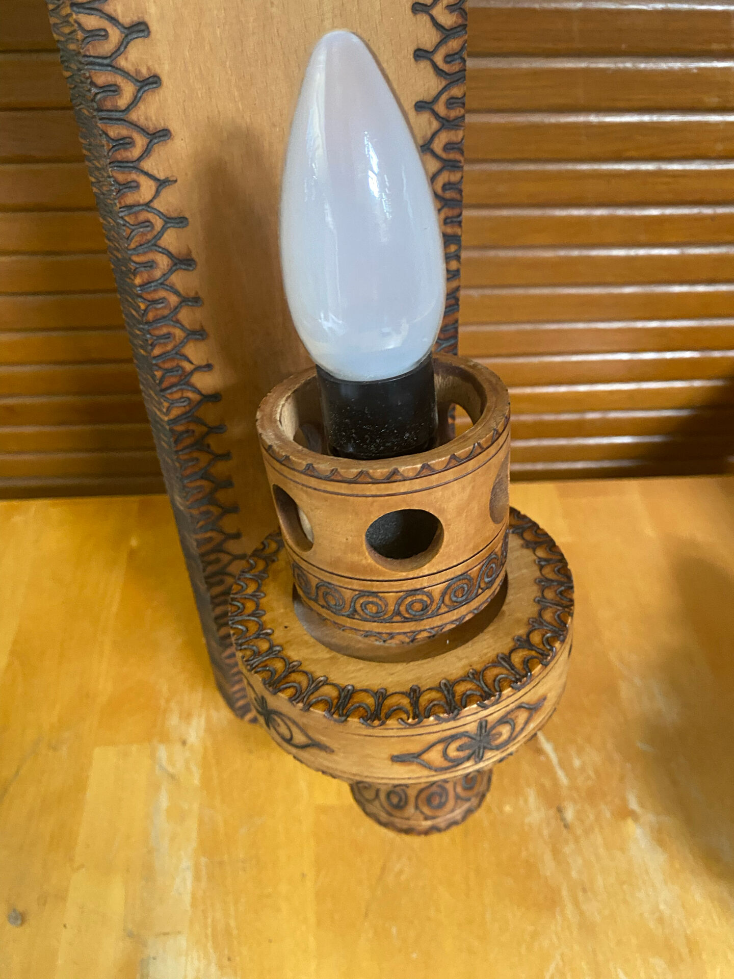 Pair of Vintage Pyrographed Wood Torch Wall Lights Mountain Style #