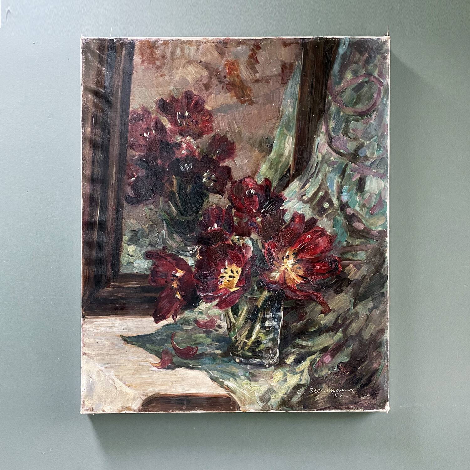 Painting 1952 "Bouquet with mirror signed Stermann