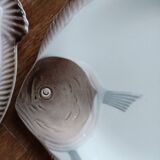 6 Longwy earthenware plates, Copenhagen model, in the shape of a fish