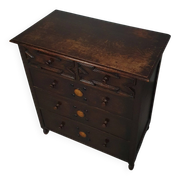 Particularly cool English chest of drawers. Dated (Charles 2 era). Made of solid oak with beautiful patina.