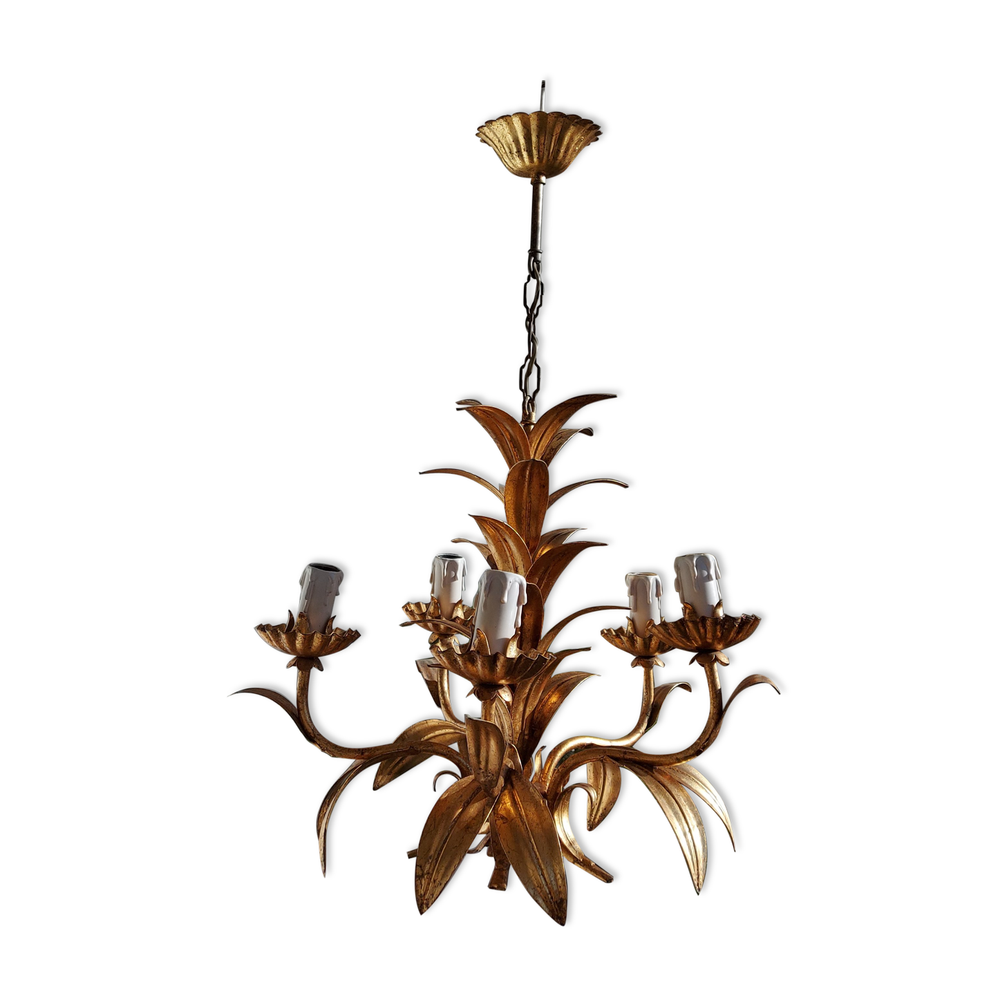 Chandelier gilded metal leaves by Hans Kogl, 1970's