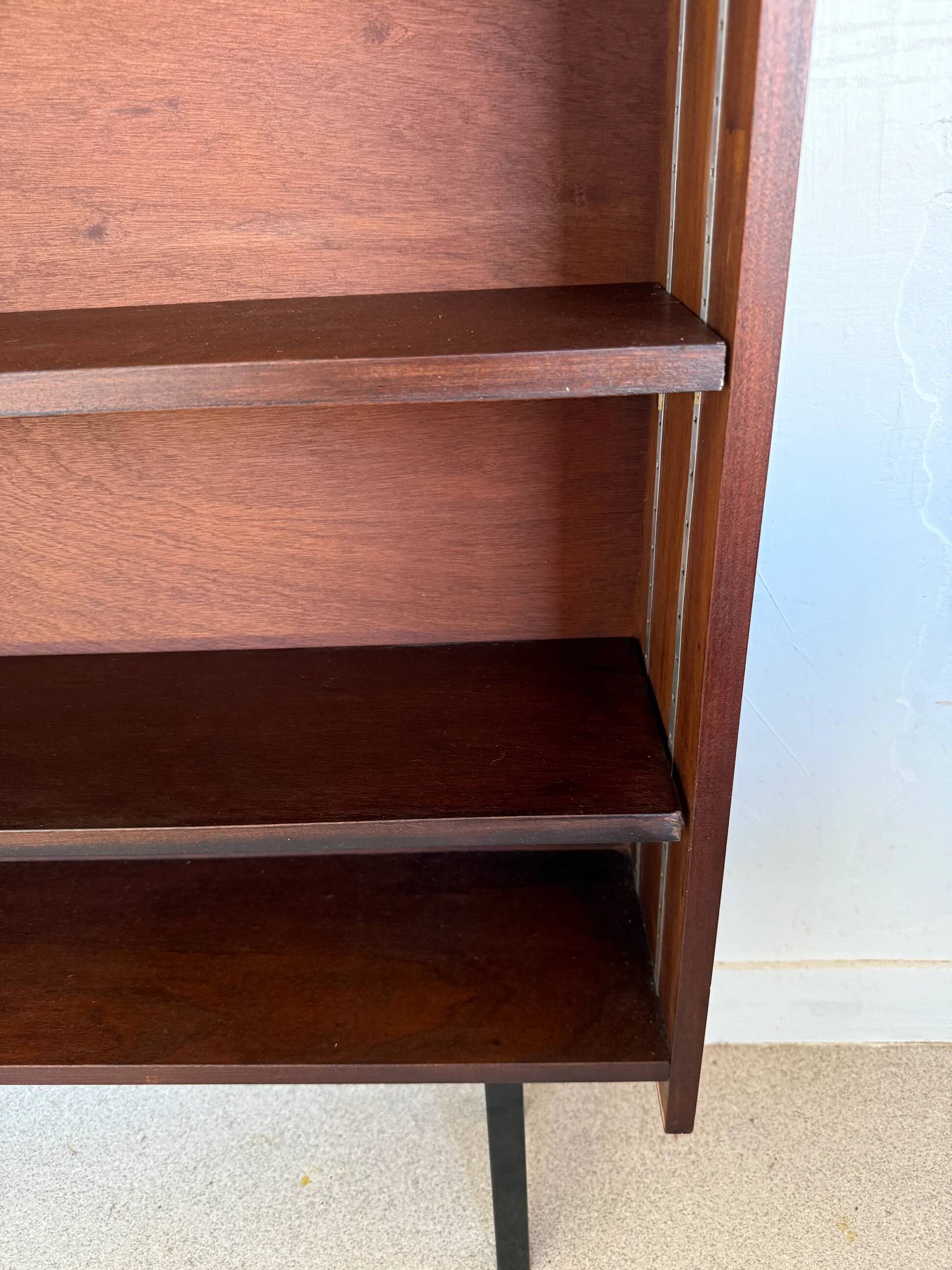 Vintage veneer bookcase with metal legs