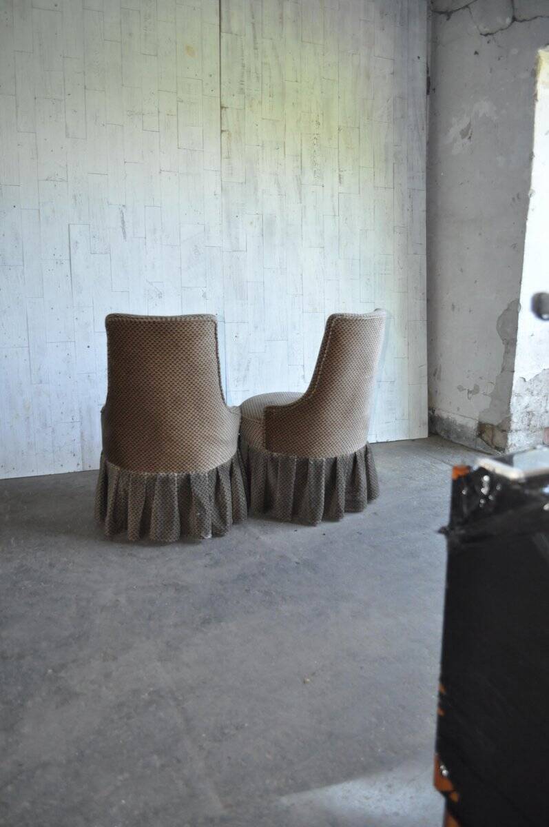 Mid-Century brown fabric armchair with skirt, wooden frame — 1950s
