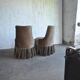 Mid-Century brown fabric armchair with skirt, wooden frame — 1950s