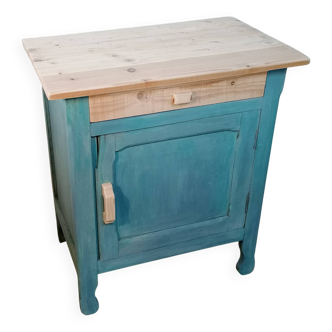 Turquoise and wood bedside table with secret niche