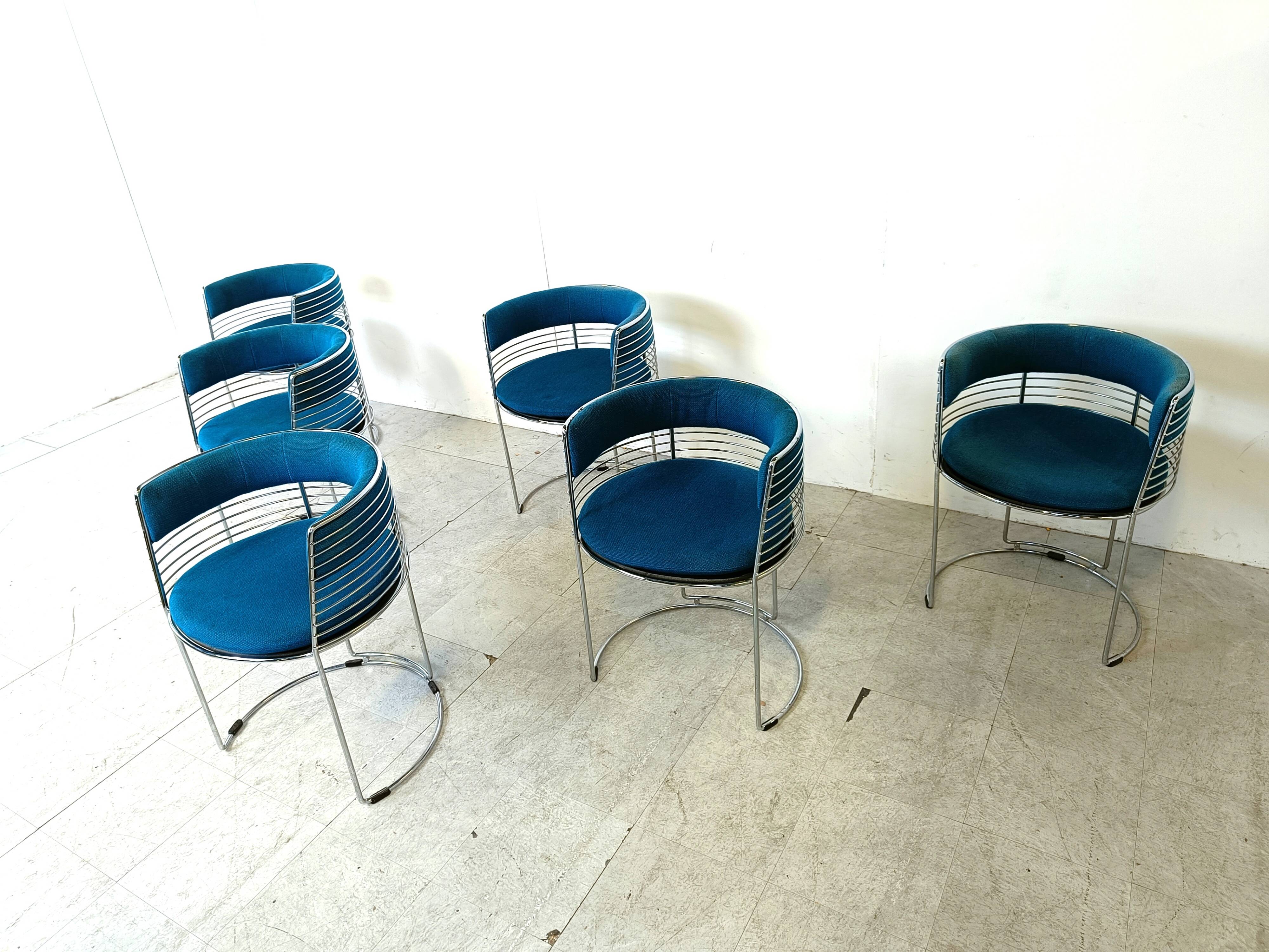 Set of 6 chrome wire and blue fabric dining chairs, 1970s