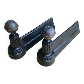 Pair of NAPOLEON 3 Neoclassical Cast Iron Fireplace Andirons + Brass Ball #C39