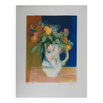 Paul Collomb: Bouquet on a blue background, signed original lithograph.