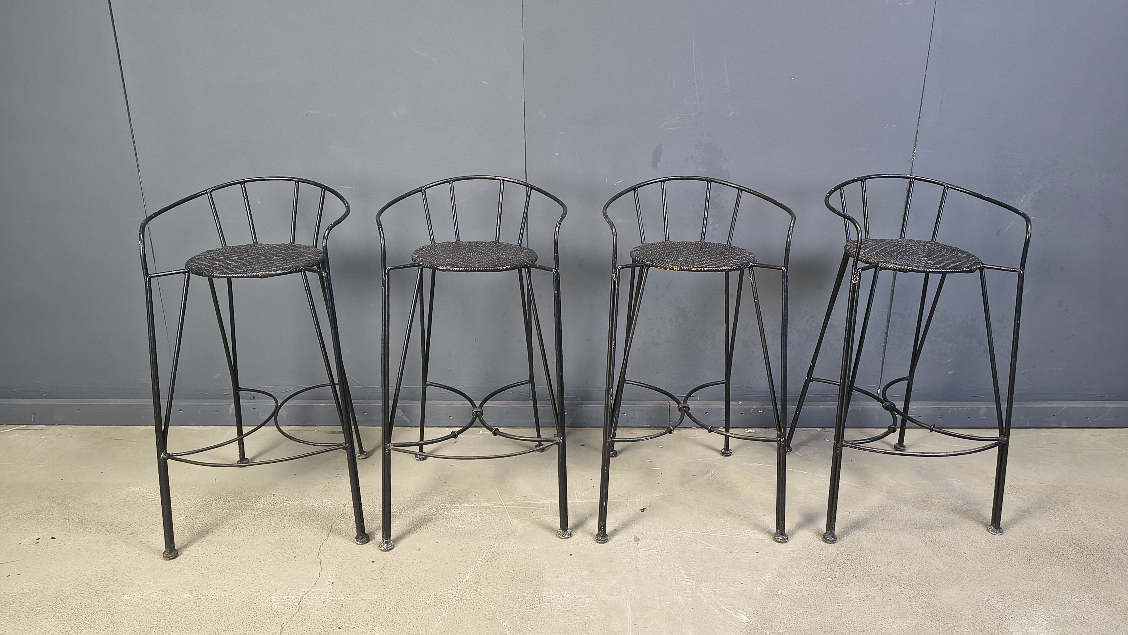 Tabourets de bar vintage en fer forgé et rotin, ensemble de 4 - années 1970