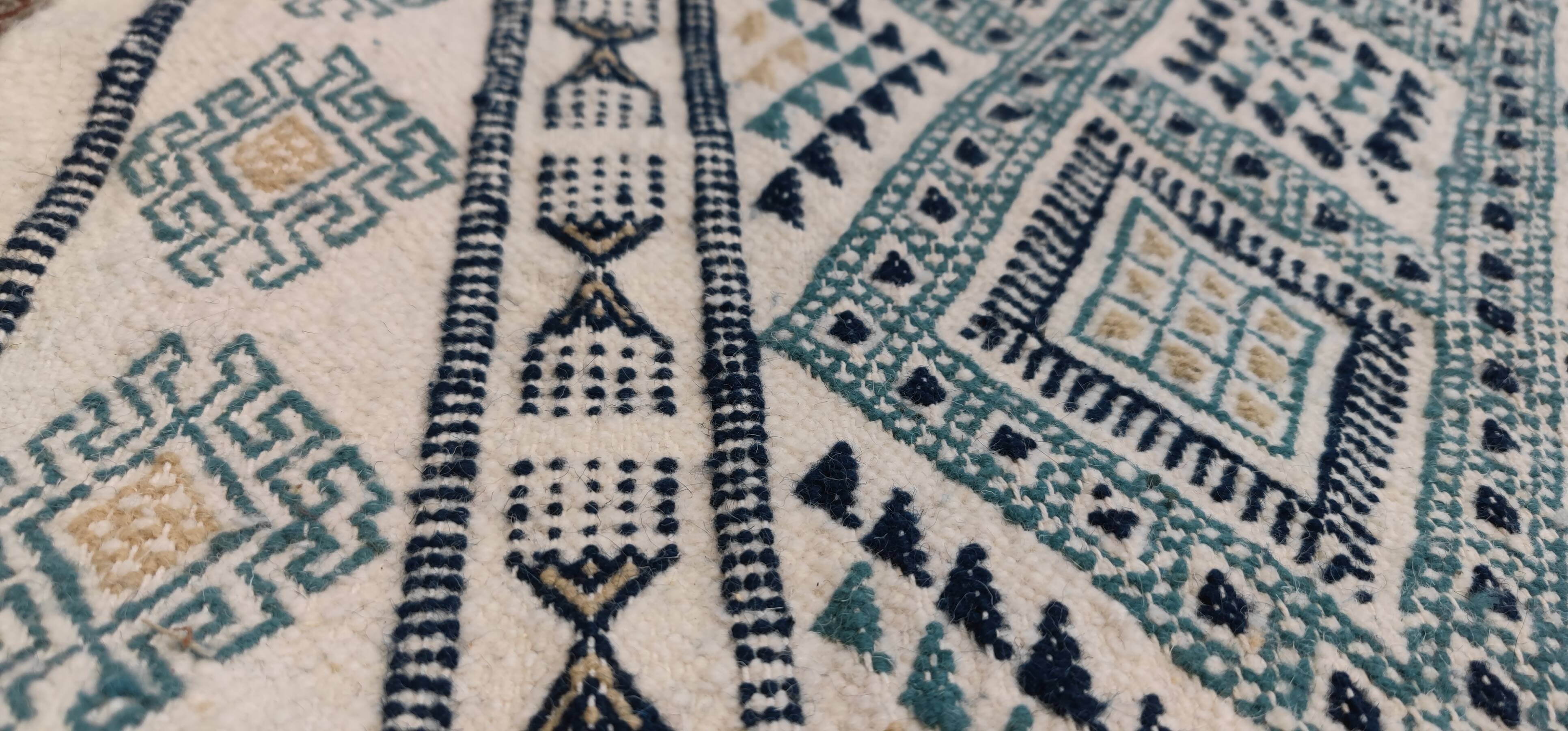 Handmade white blue and beige margoum rug