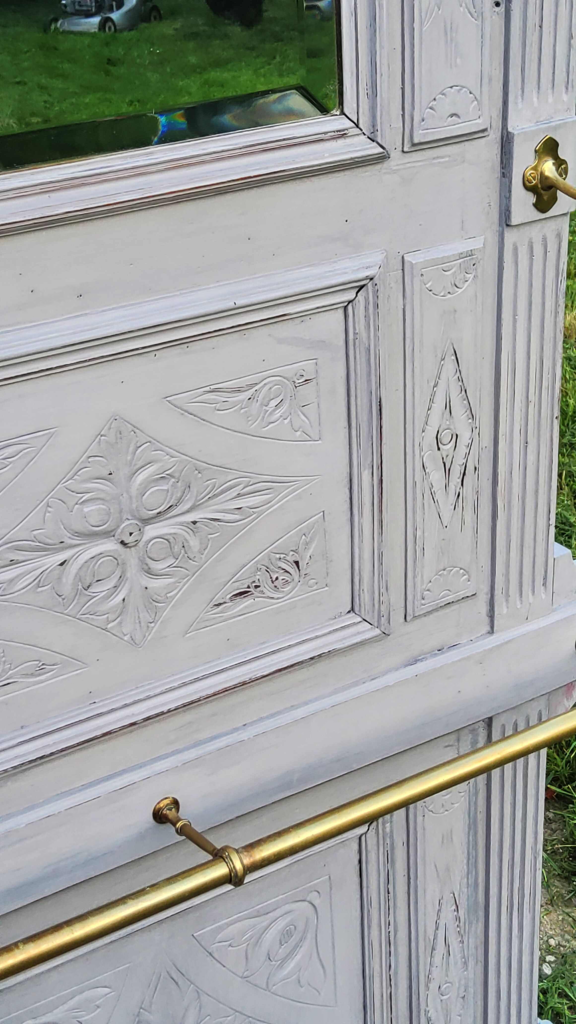 1900s coat rack patina gray mirror brass hooks