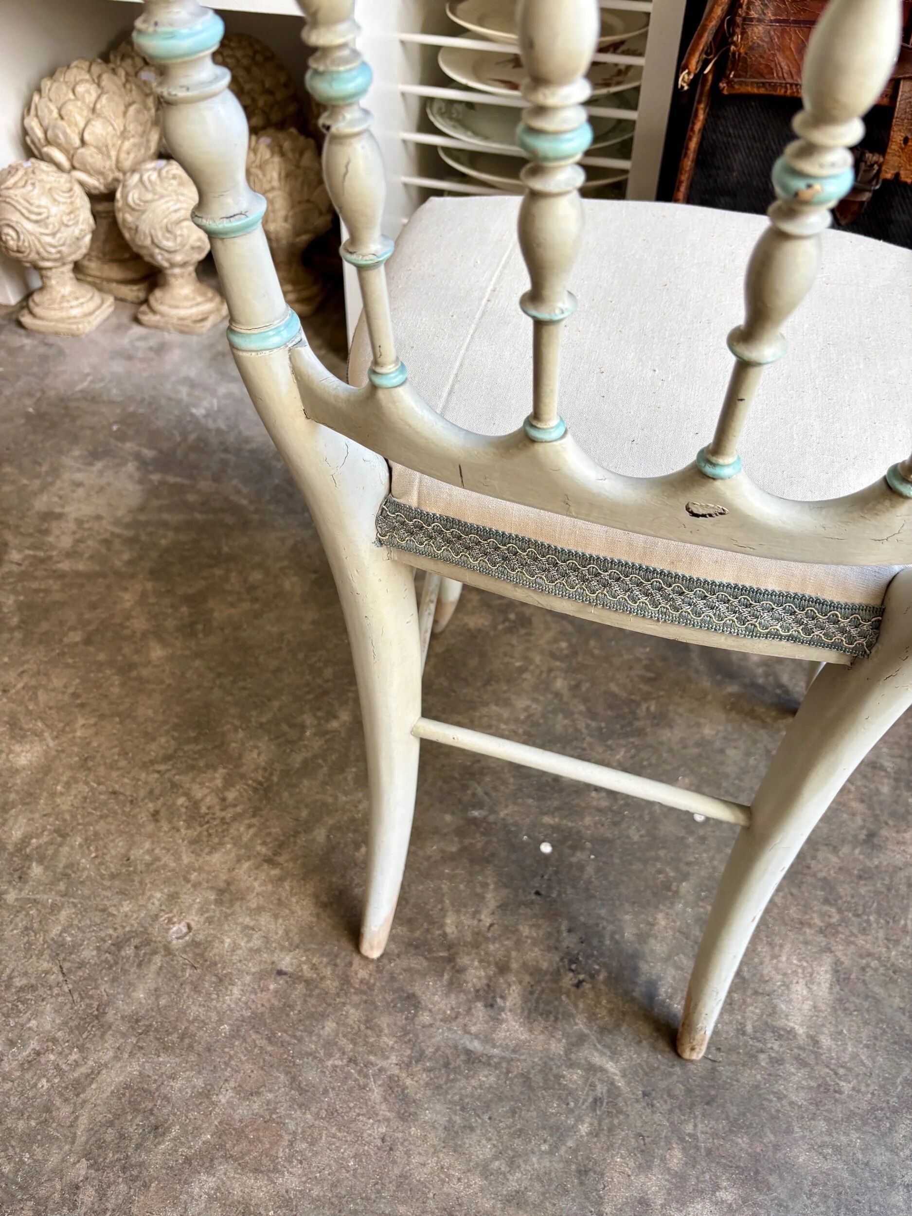 Napoleon III chair in blue painted wood and beige mixed fabric.