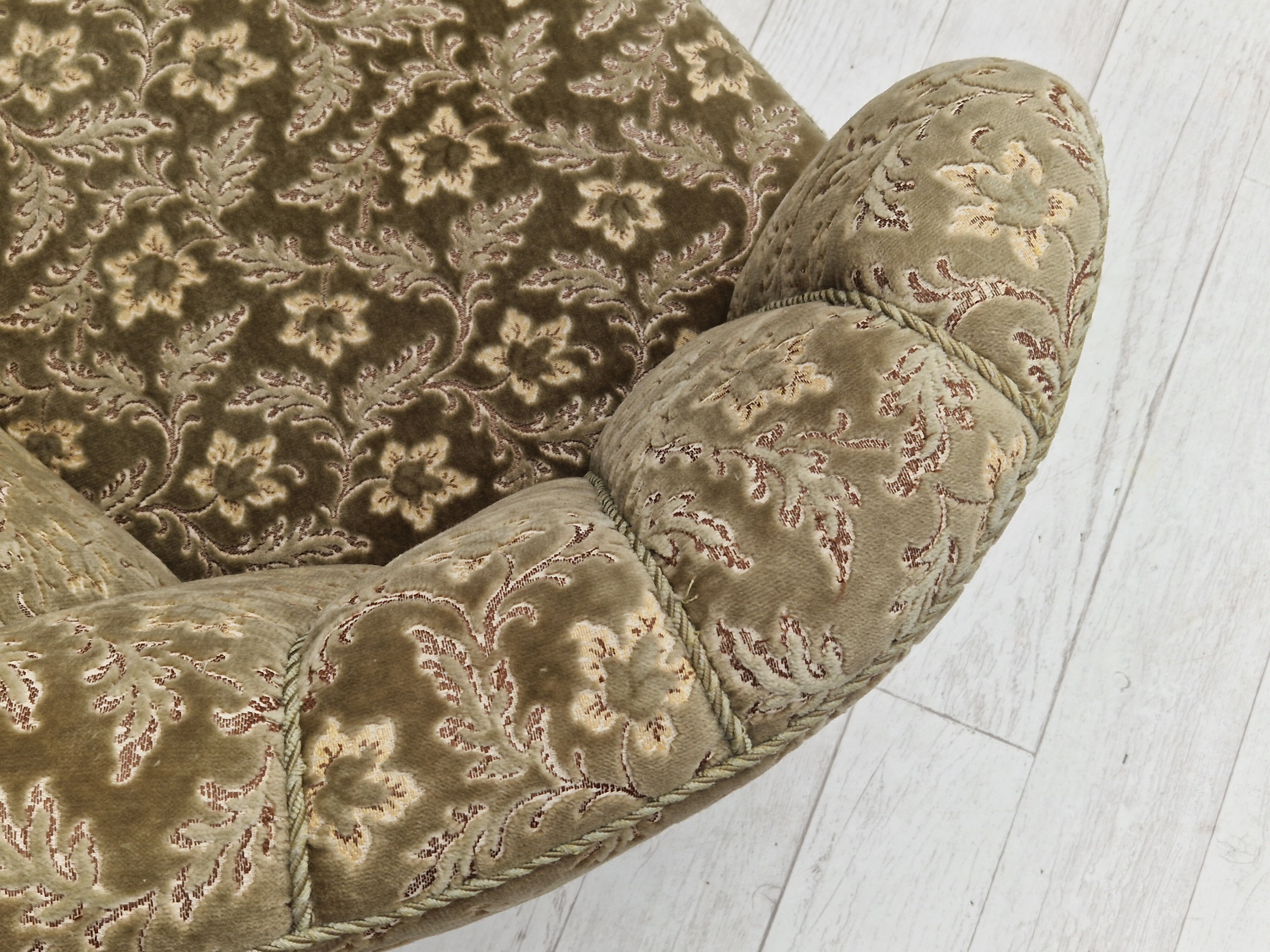 60s, danish vintage 2 seater "banana" sofa, green velour, original condition.