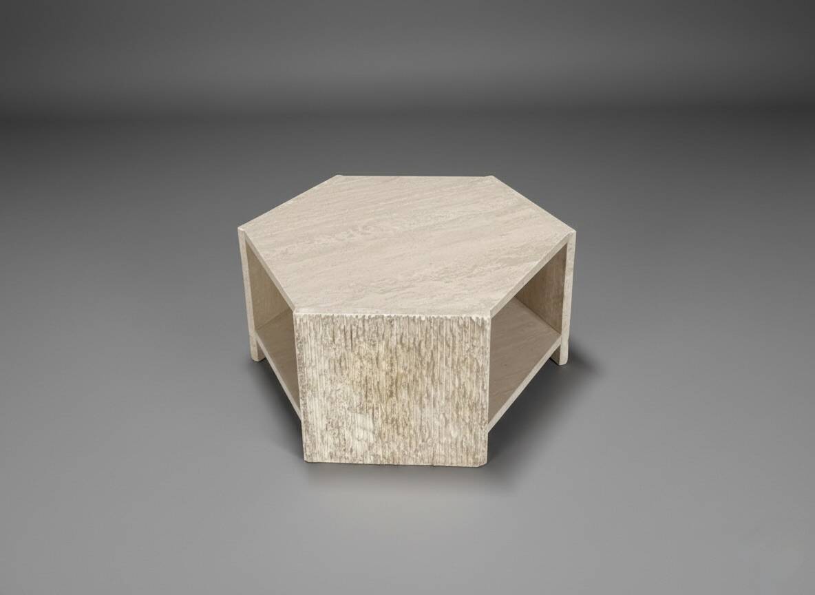 Hexagonal travertine side table by Claude Berraldacci. France.