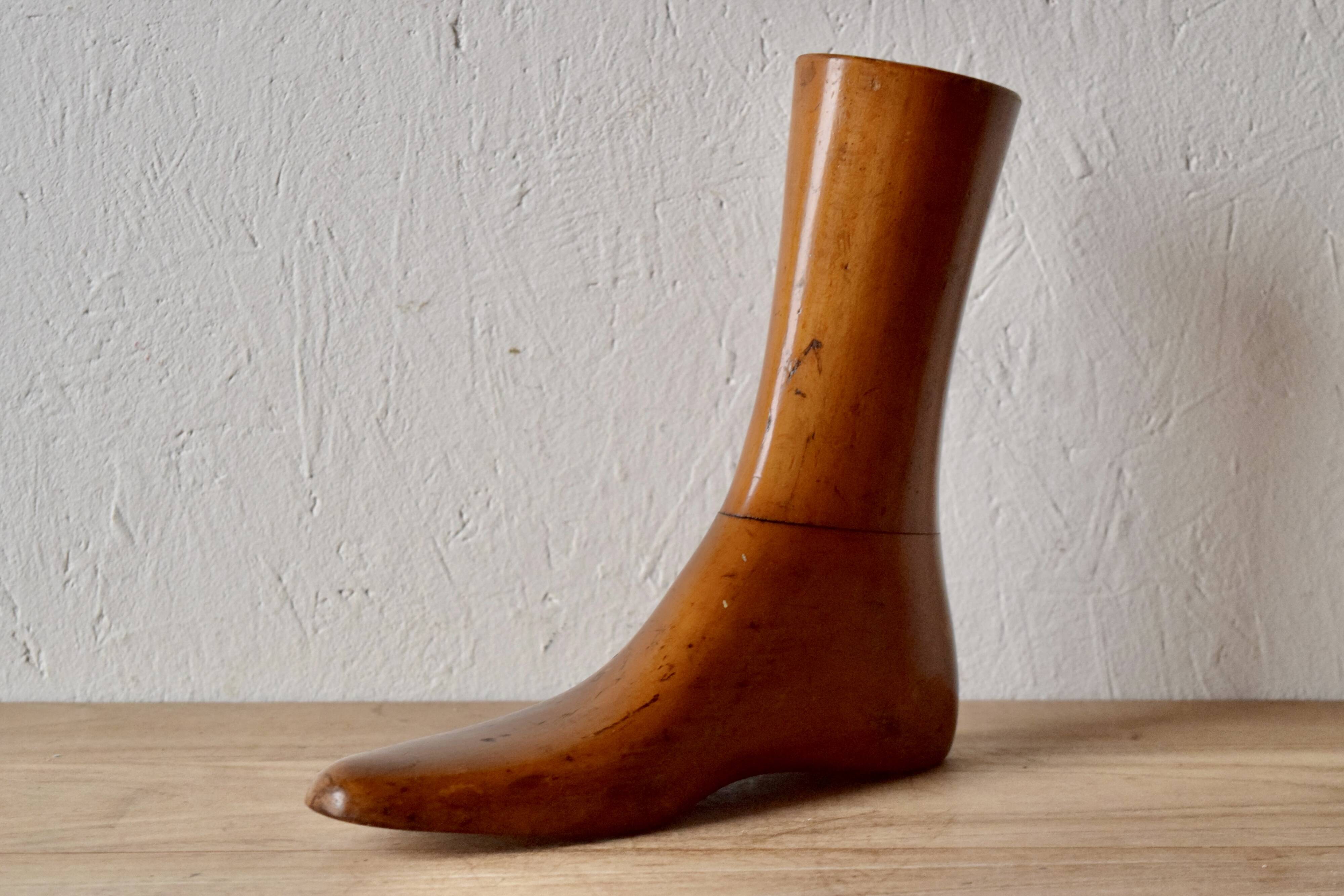 Old varnished wooden shoe mold - right foot