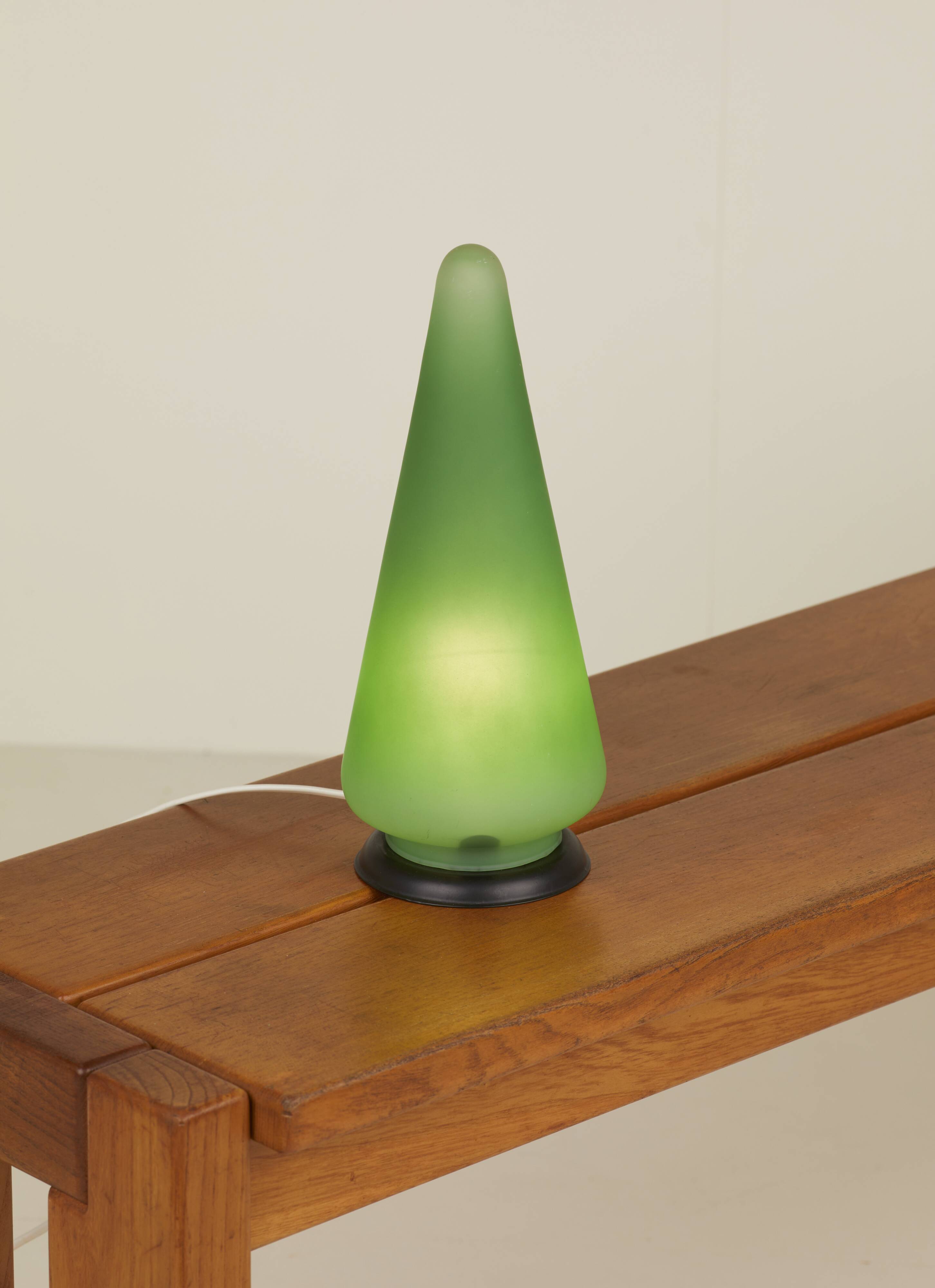 Green frosted glass "cone" lamp, France c. 1990