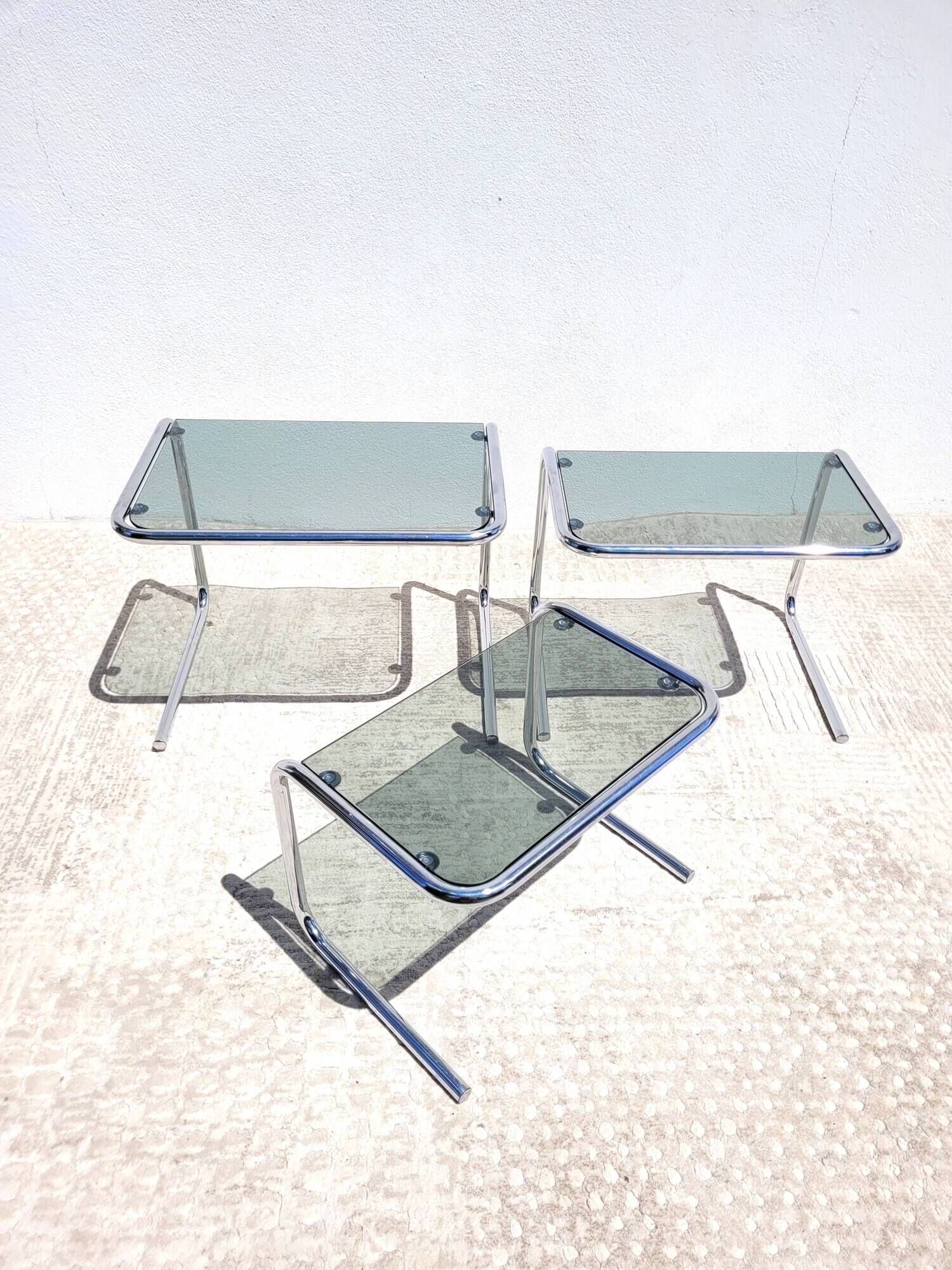 Vintage nesting coffee tables in chrome and smoked glass