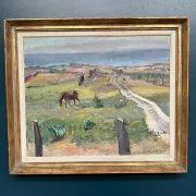Original Swedish Oil on Canvas – "Coastal Scene with Horses" by Georg Lodström – Signed – 1947 – Framed – 77 × 66 cm
