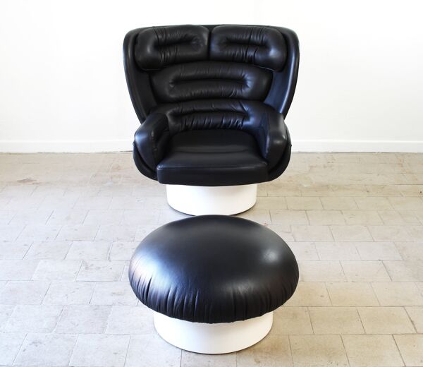 Joe Colombo Elda Chaise + Pouf en cuir noir et coque en fibre de verre blanche