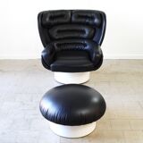 Joe Colombo Elda Chair + Ottoman in Black Leather and White Fiberglass Shell