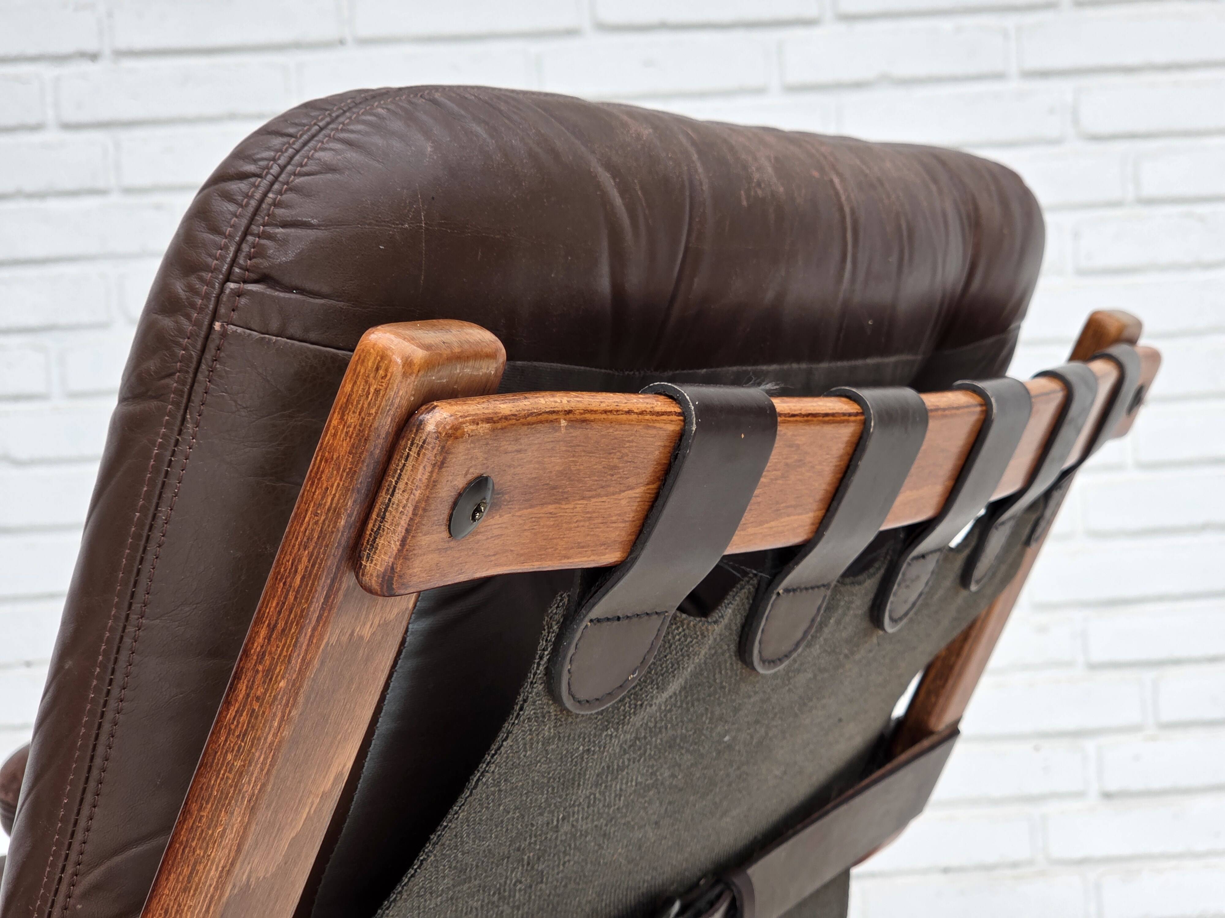 1970s, Norwegian armchair by Jon Hjortdal, furniture leather, bent wood.