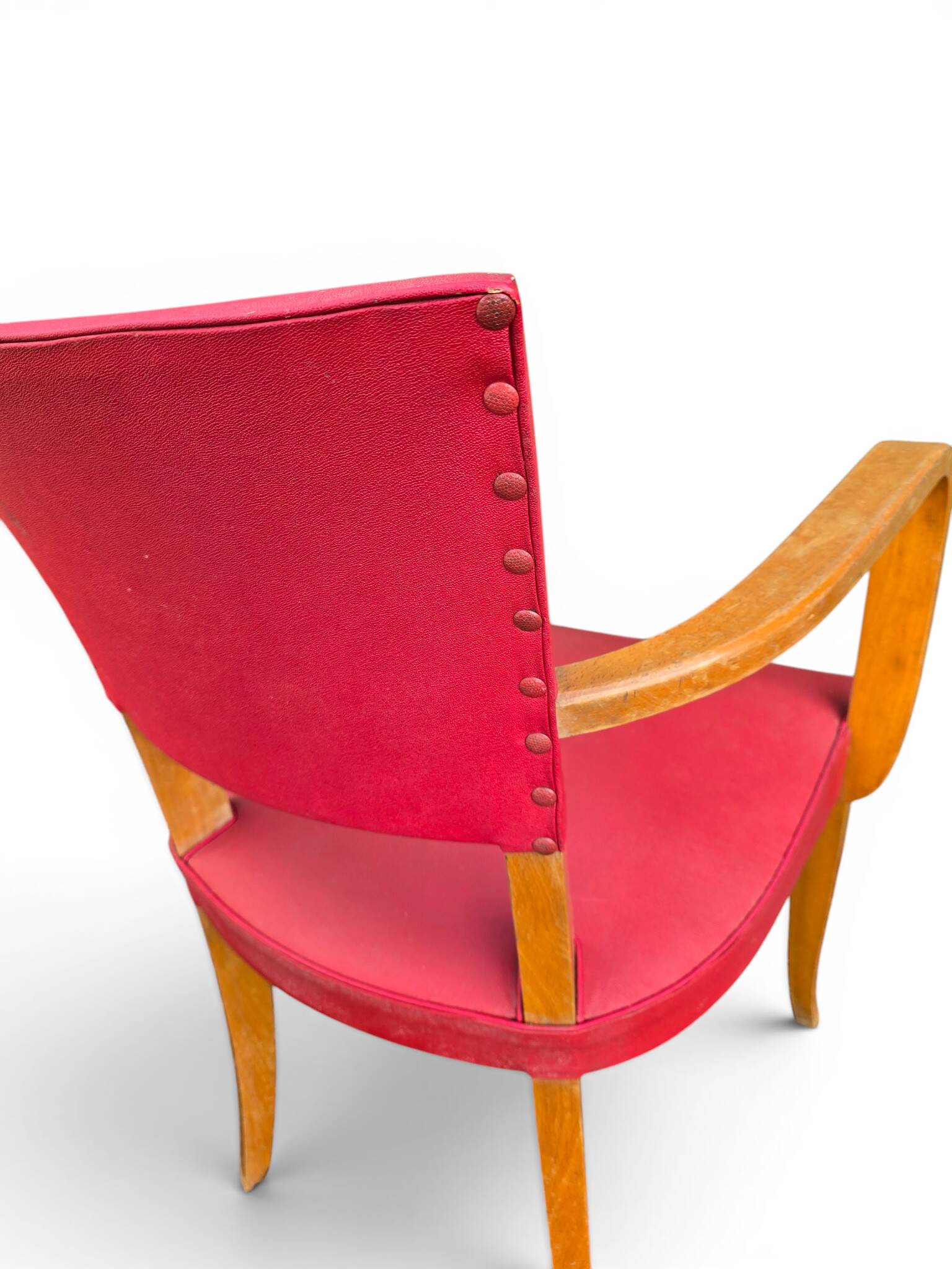 Vintage bridge armchair in wood and red faux leather, 1950s.