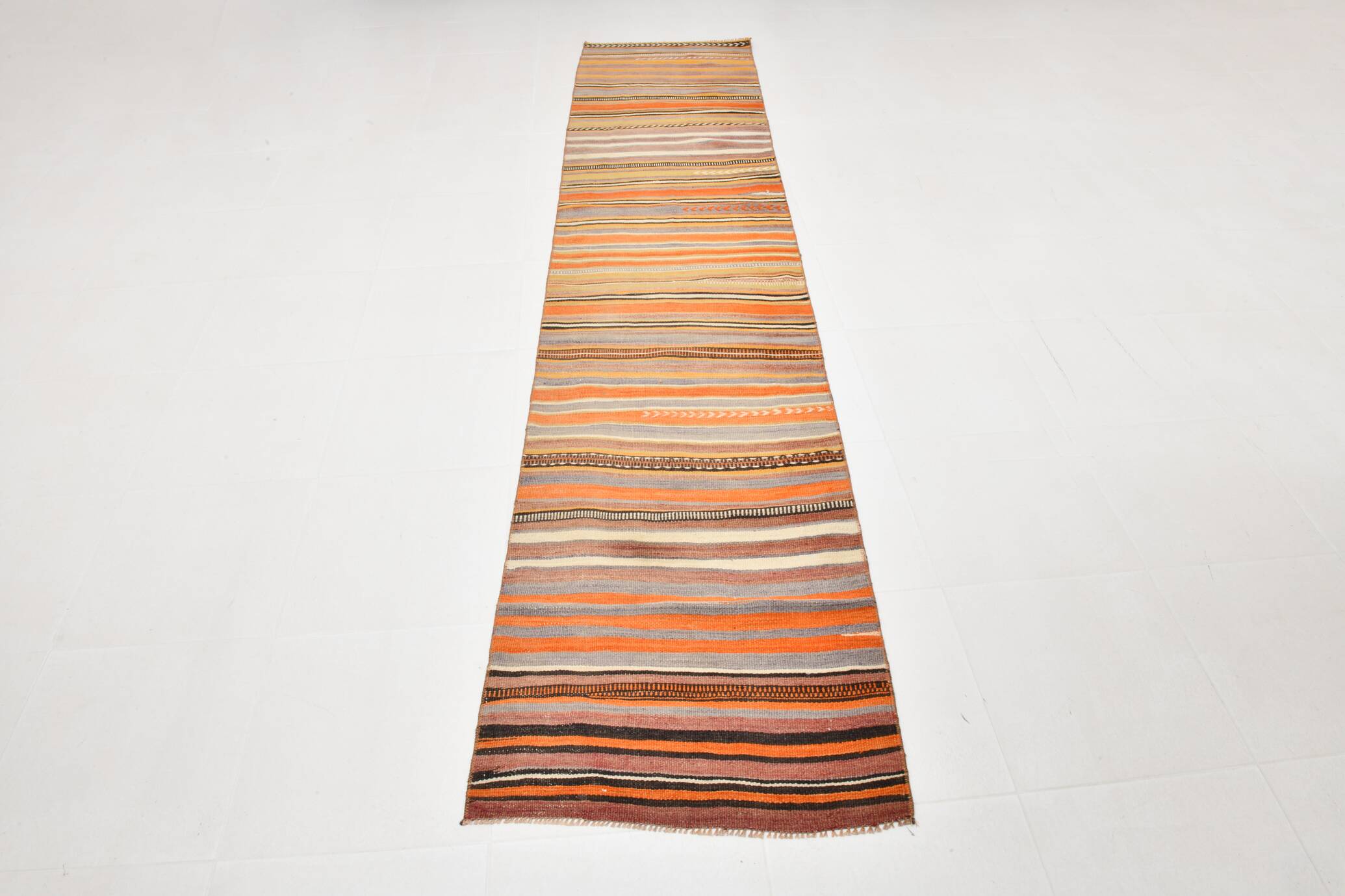 2x10 Pistriped Orange & Green Vintage Kilim Runner Rug, 69x325Cm